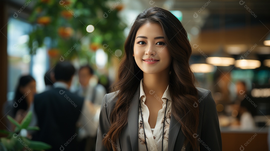 Uma linda empresária asiática de sucesso sob um escritório