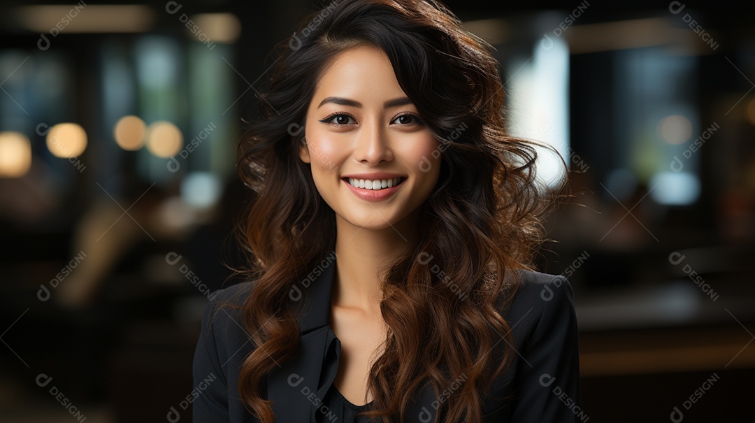 Uma linda empresária asiática de sucesso sob um escritório