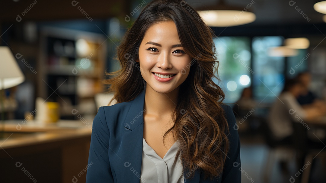 Uma linda empresária asiática de sucesso sob um escritório