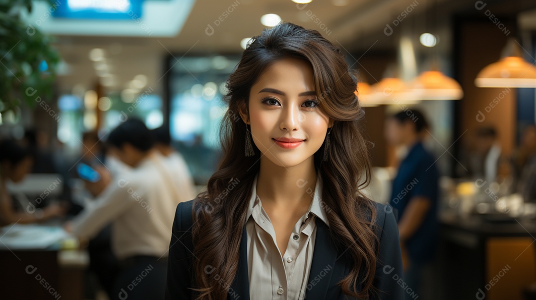 Uma linda empresária asiática de sucesso sob um escritório