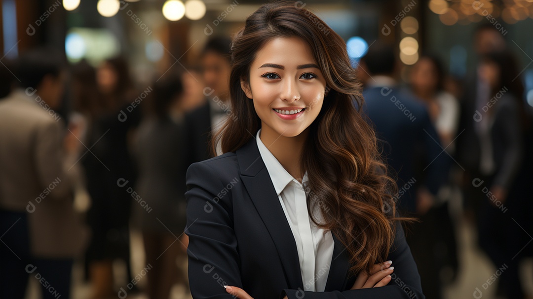 Uma linda empresária asiática de sucesso sob um escritório