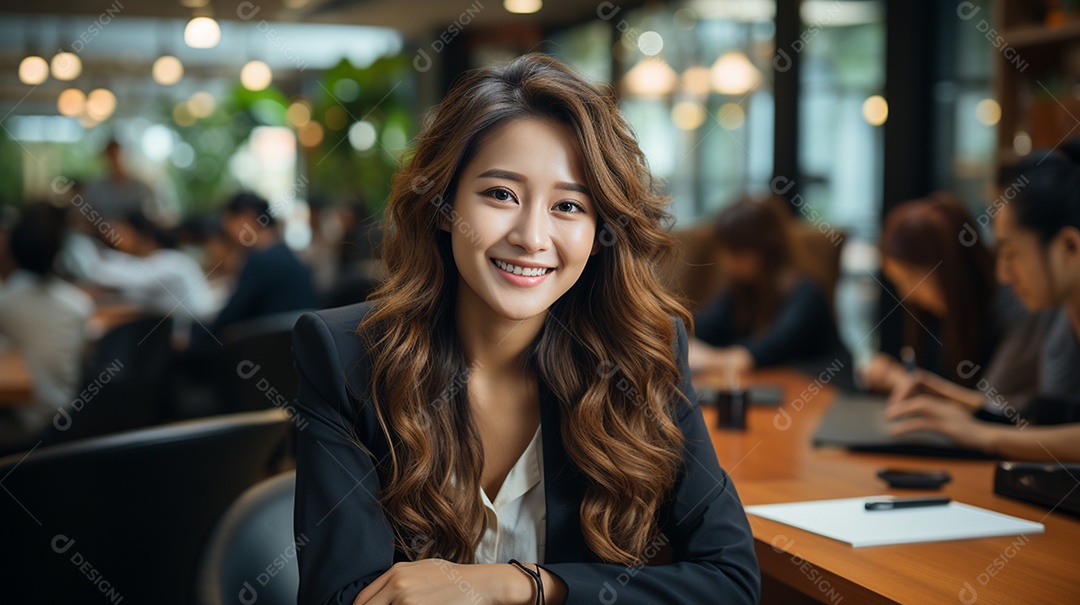 Uma linda empresária asiática de sucesso sob um escritório