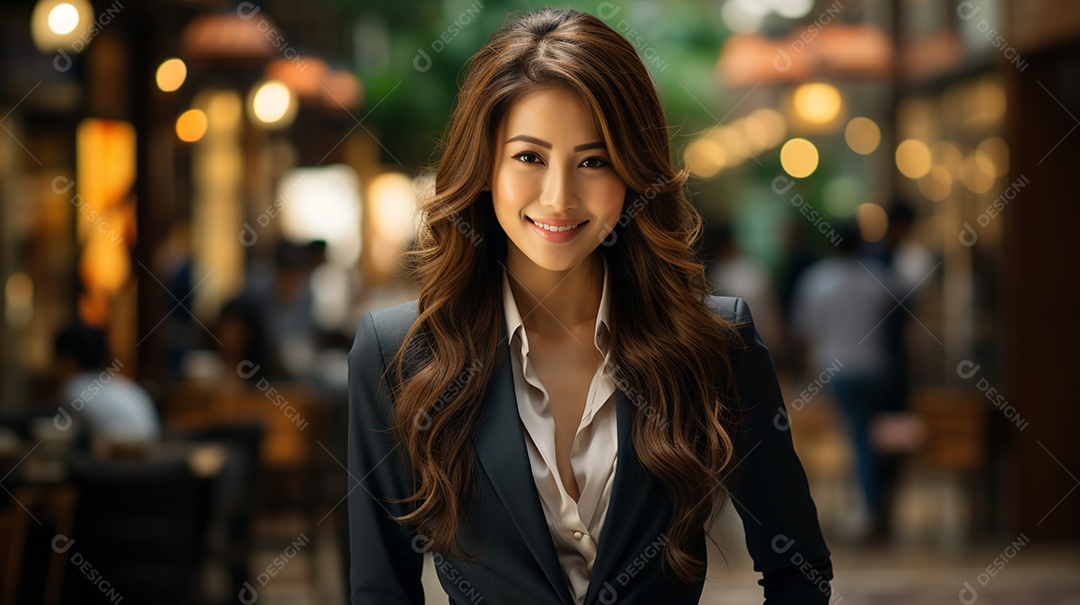 Uma linda empresária asiática de sucesso sob um escritório