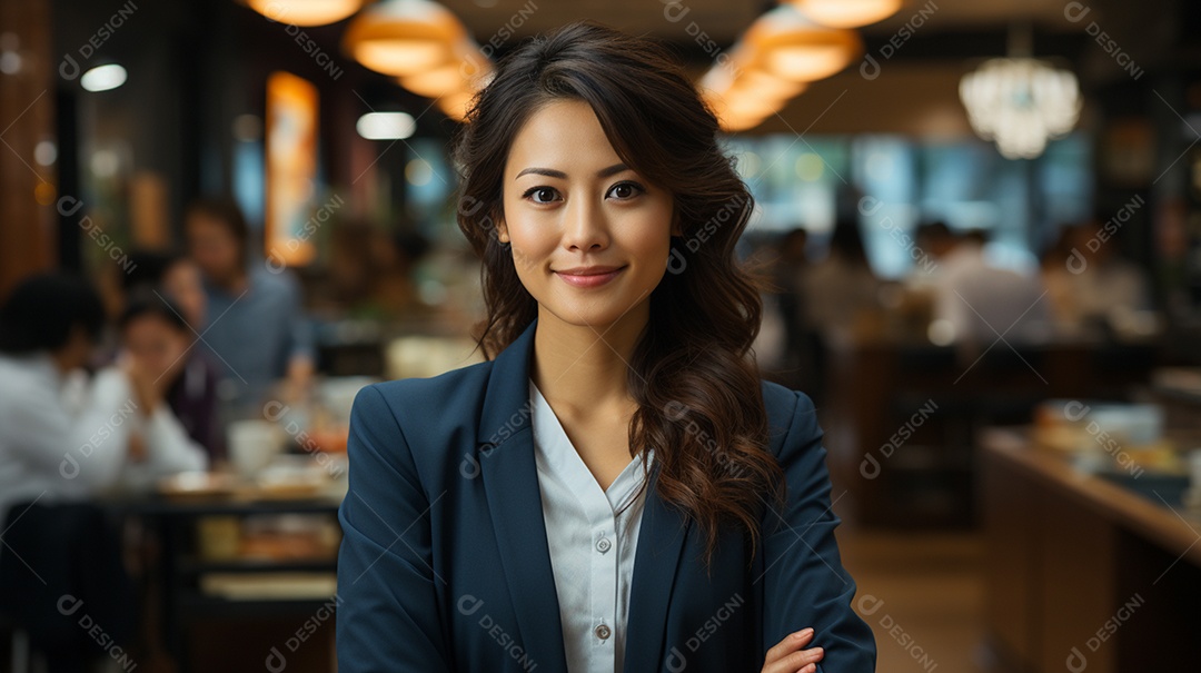 Uma linda empresária asiática de sucesso sob um escritório