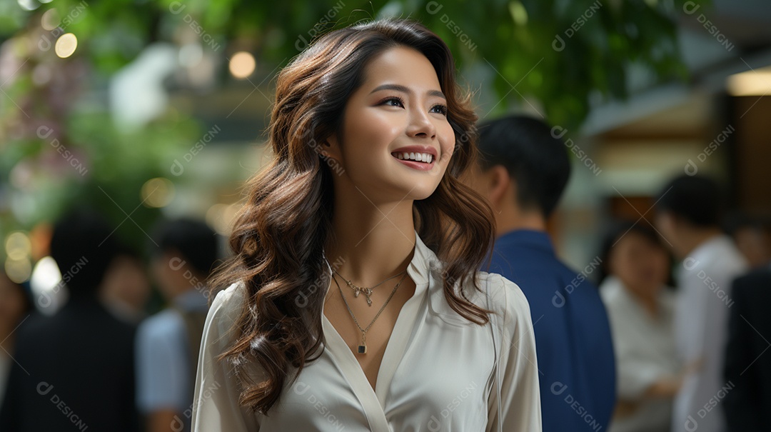 Uma linda empresária asiática de sucesso sob um escritório