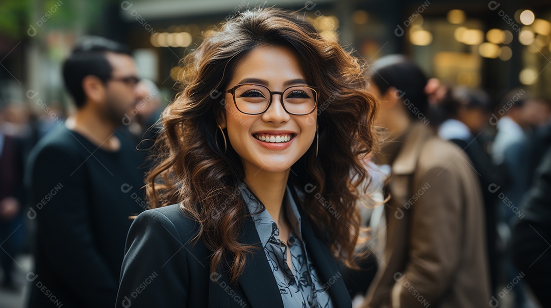 Uma linda empresária asiática de sucesso sob um escritório