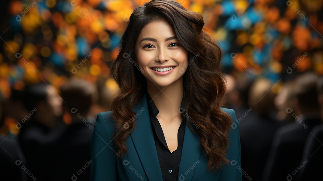 Uma linda empresária asiática de sucesso sob um escritório