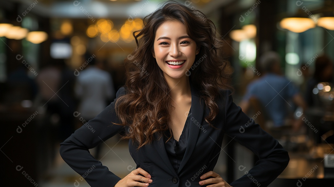 Uma linda empresária asiática de sucesso sob um escritório