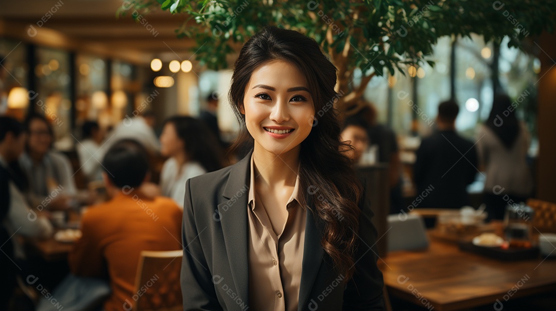 Uma linda empresária asiática de sucesso sob um escritório