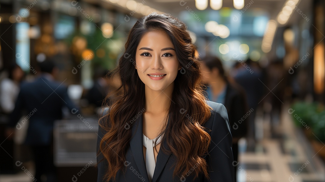 Uma linda empresária asiática de sucesso sob um escritório