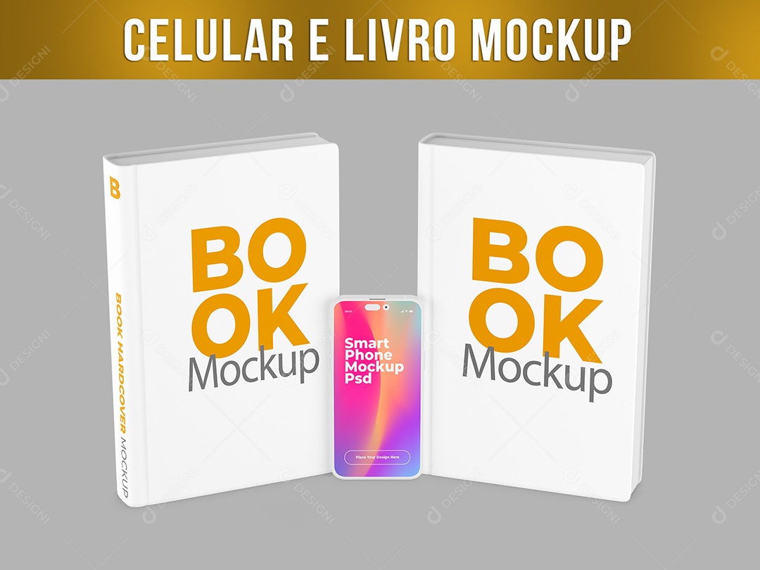Celular e Dois Livros Mockup PSD Editável