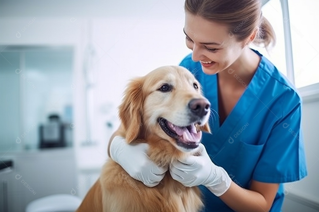 Uma linda enfermeira veterinária examinando um lindo e feliz cachorro golden retriever