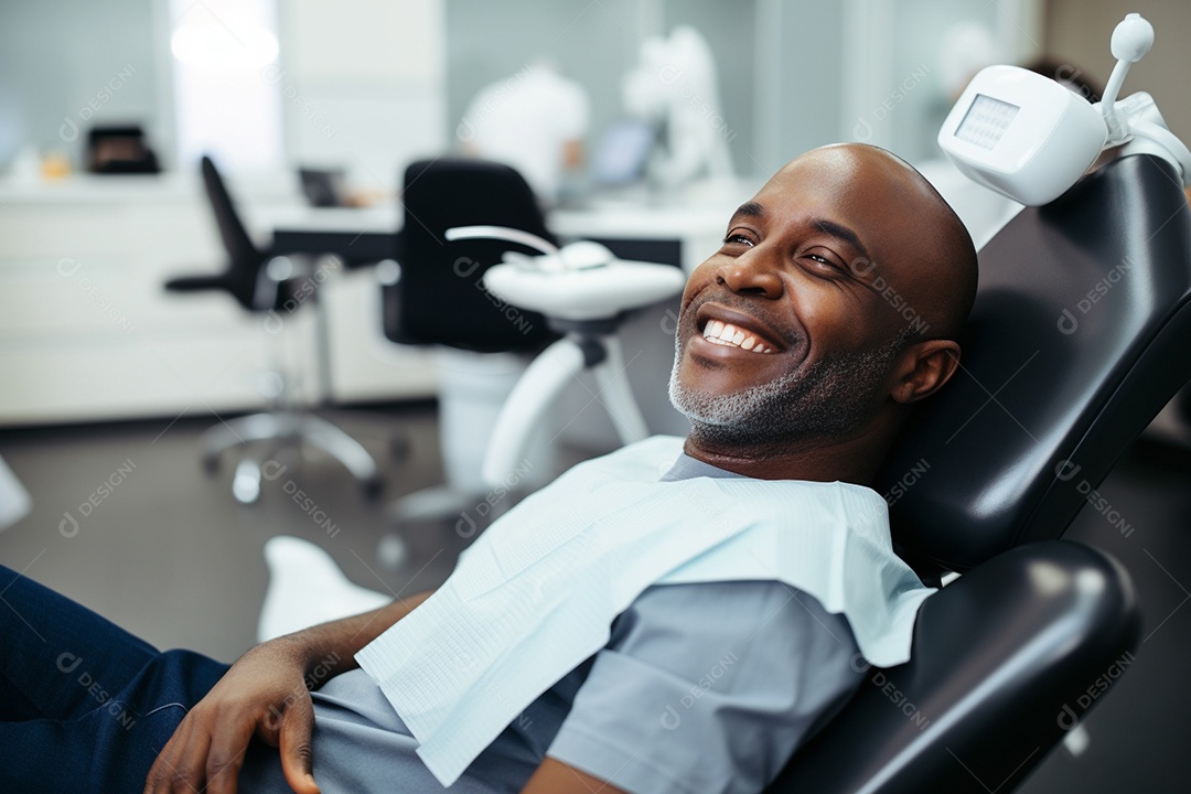 Um belo paciente negro adulto e idoso em uma clínica odontológica