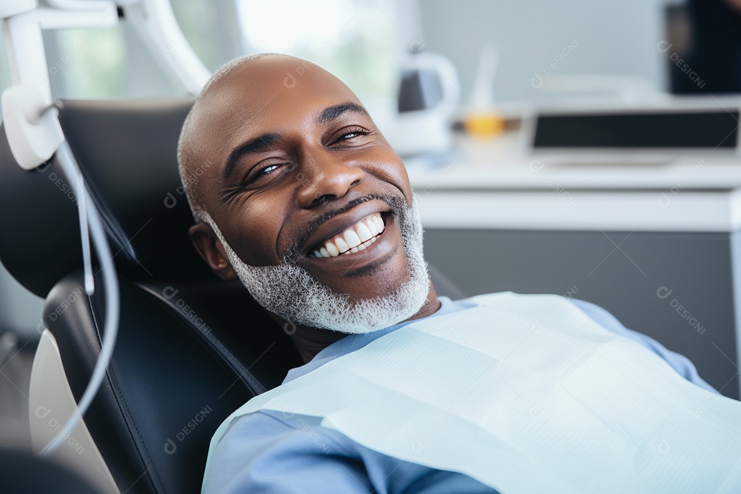 Um belo paciente negro adulto e idoso em uma clínica odontológica