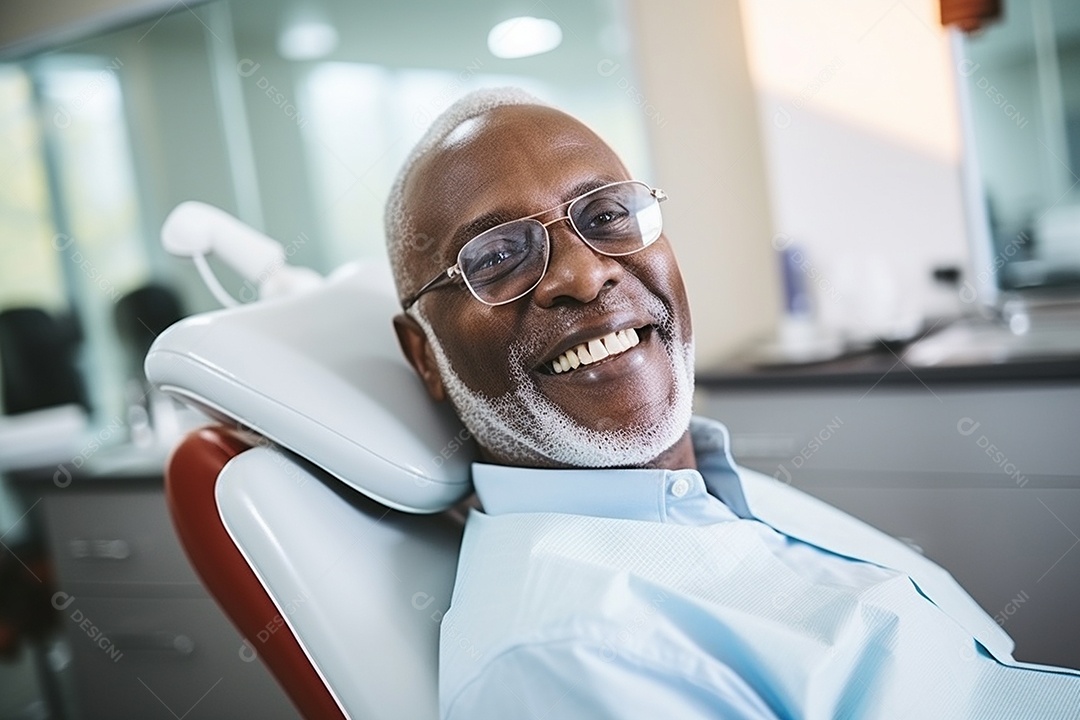 Um belo paciente negro adulto e idoso em uma clínica odontológica