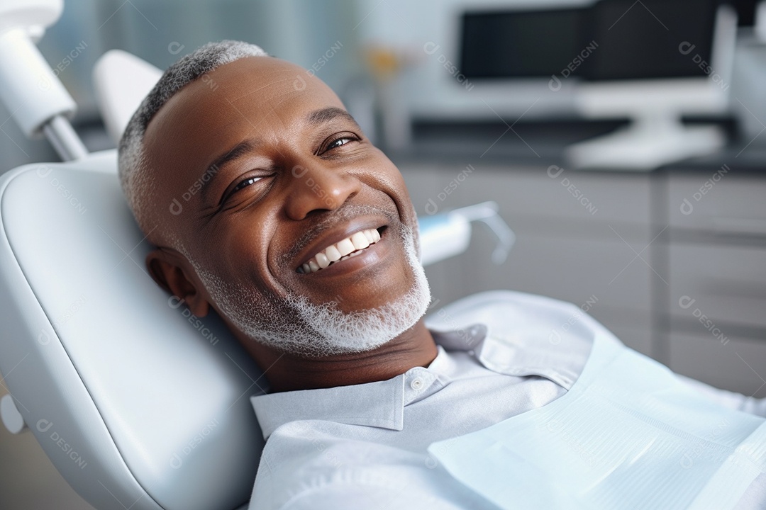 Um belo paciente negro adulto e idoso em uma clínica odontológica