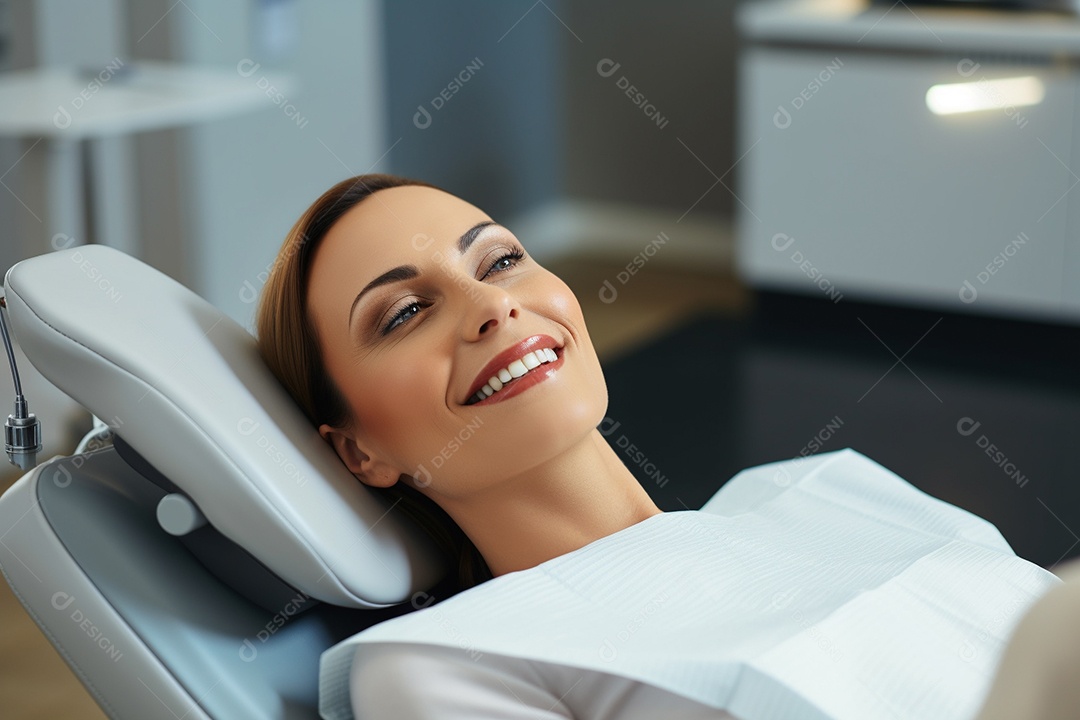 Uma bela paciente adulta em uma clínica odontológica