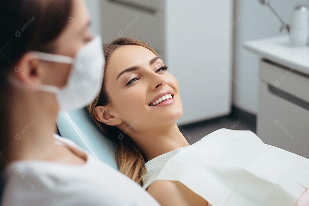 Uma bela paciente adulta em uma clínica odontológica