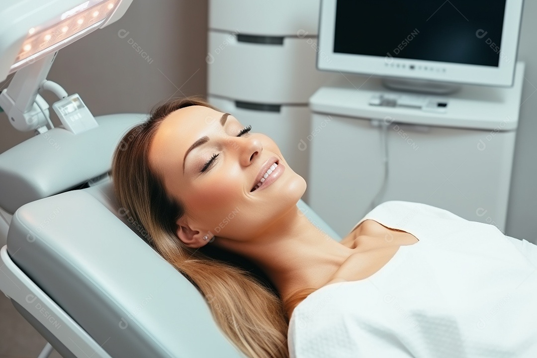 Uma bela paciente adulta em uma clínica odontológica