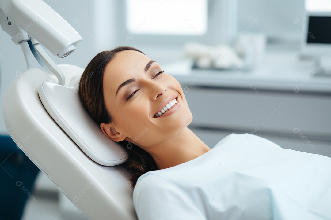 Uma bela paciente adulta em uma clínica odontológica