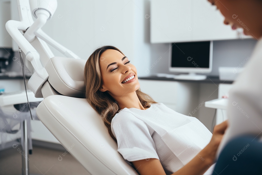 Uma bela paciente adulta em uma clínica odontológica