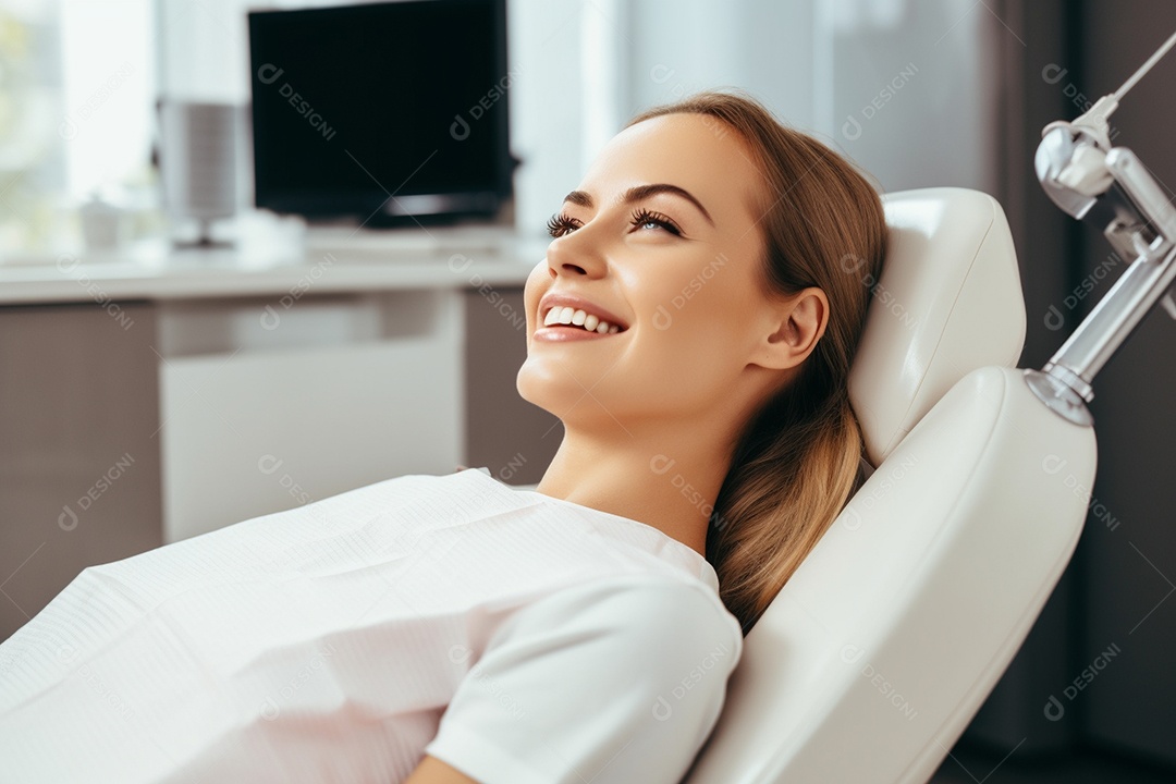 Uma bela paciente adulta em uma clínica odontológica