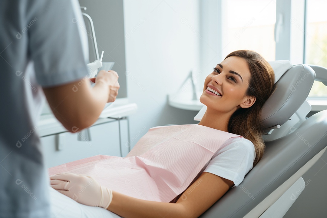 Uma bela paciente adulta em uma clínica odontológica