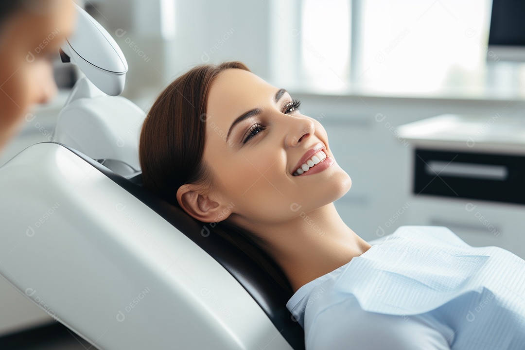 Uma bela paciente adulta em uma clínica odontológica