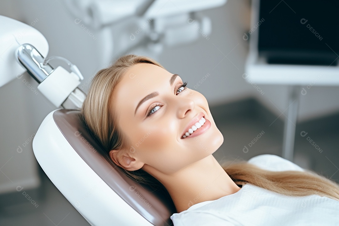 Uma bela paciente adulta em uma clínica odontológica