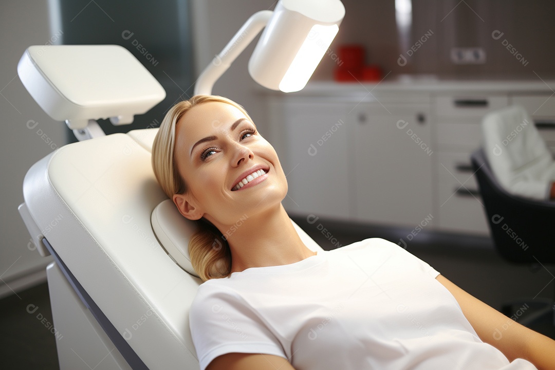 Uma bela paciente adulta em uma clínica odontológica