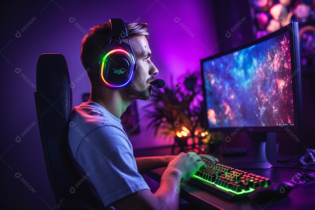 Um jogador bonito jogando em seu console de computador pc