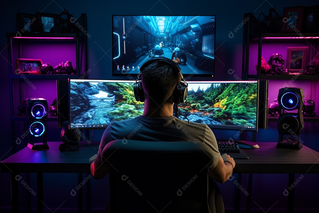 Um jogador bonito jogando em seu console de computador pc