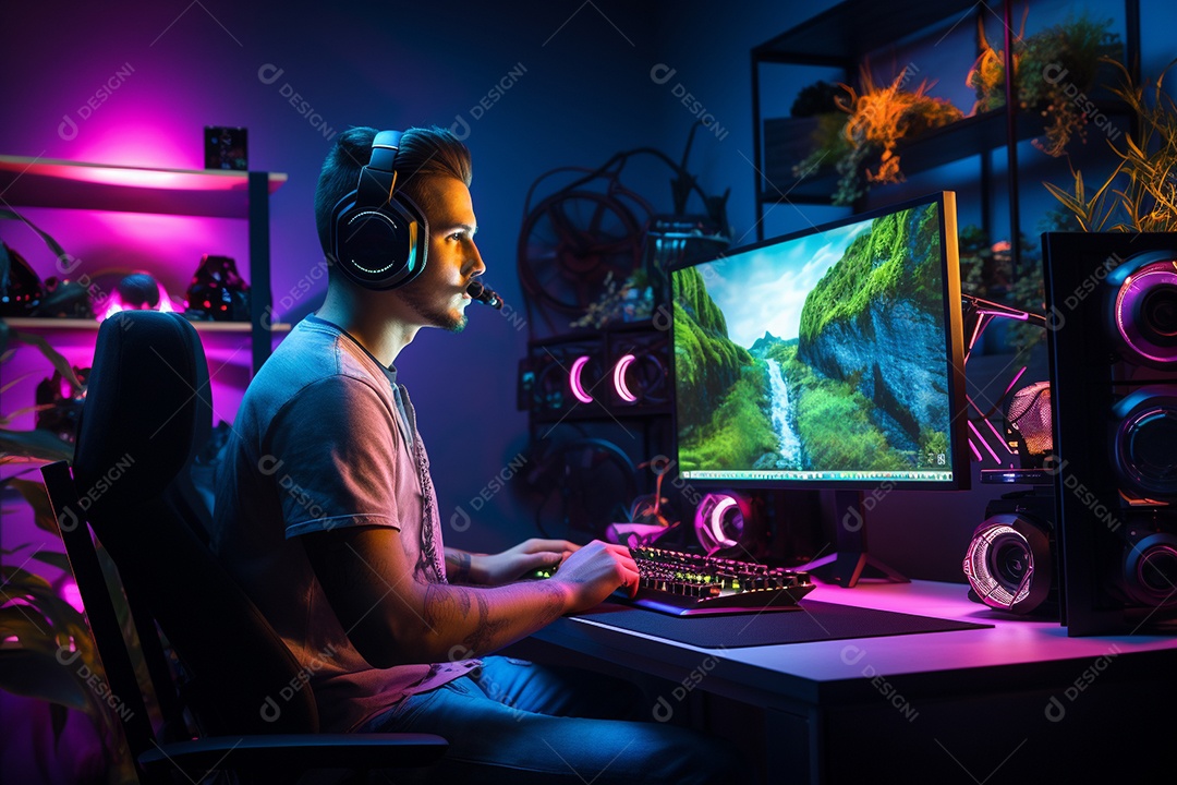 Um jogador bonito jogando em seu console de computador pc