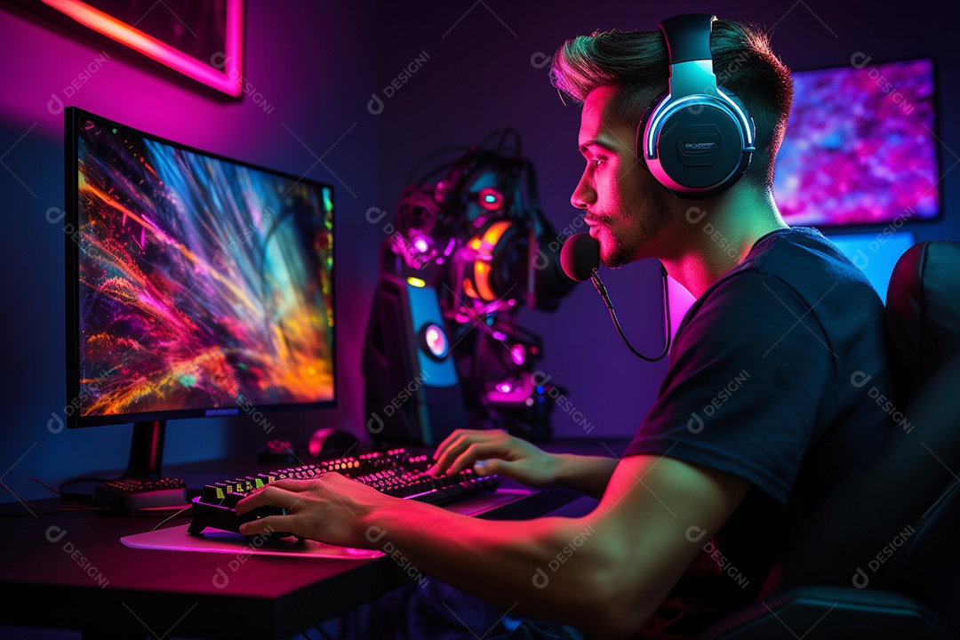 Um jogador bonito jogando em seu console de computador pc