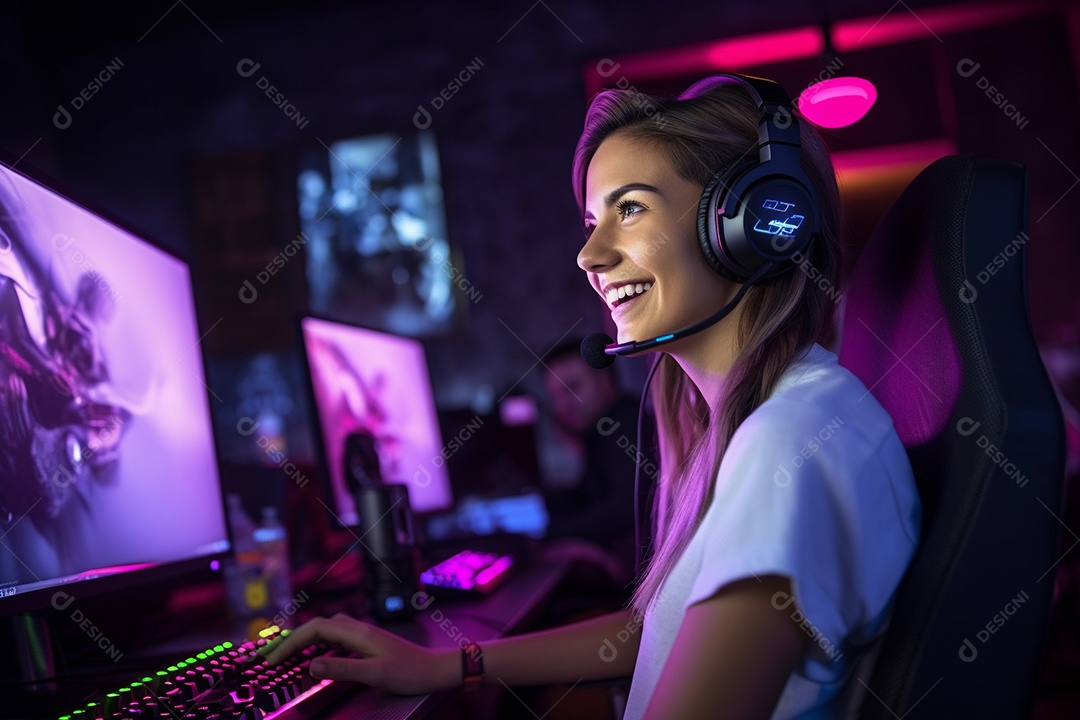 Um jogador bonito jogando em seu console de computador pc