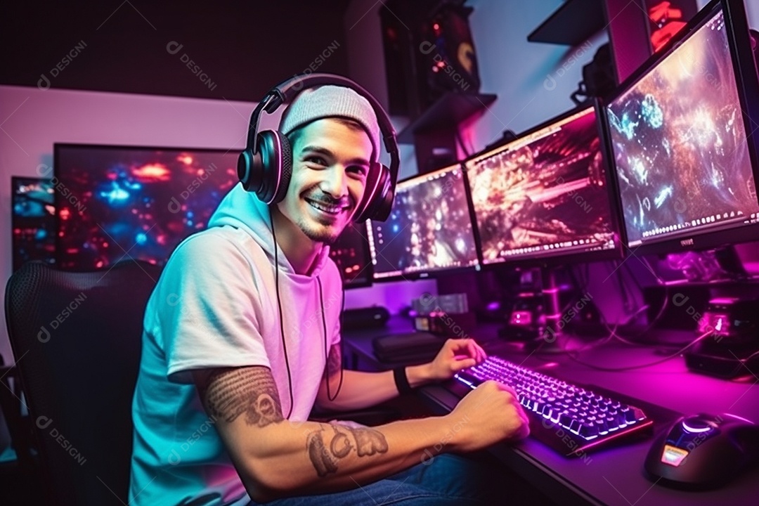 Um jogador bonito jogando em seu console de computador pc