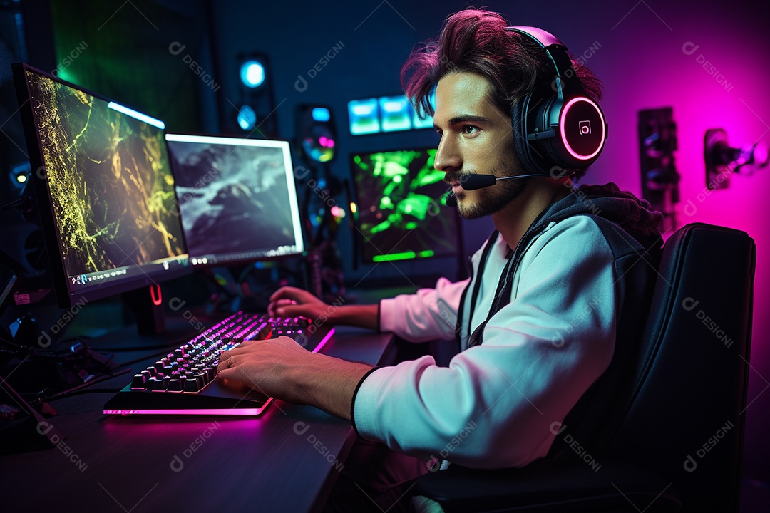 Um jogador bonito jogando em seu console de computador pc