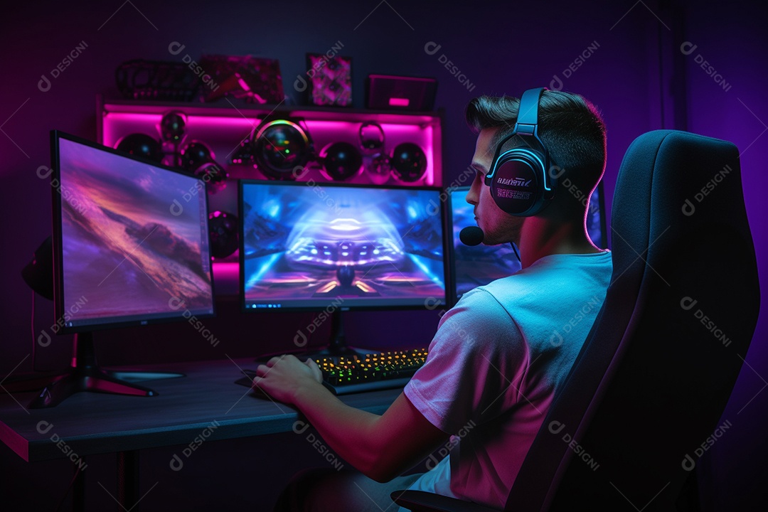 Um jogador bonito jogando em seu console de computador pc