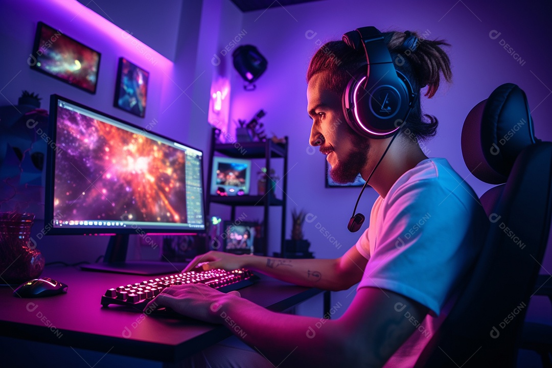 Um jogador bonito jogando em seu console de computador pc