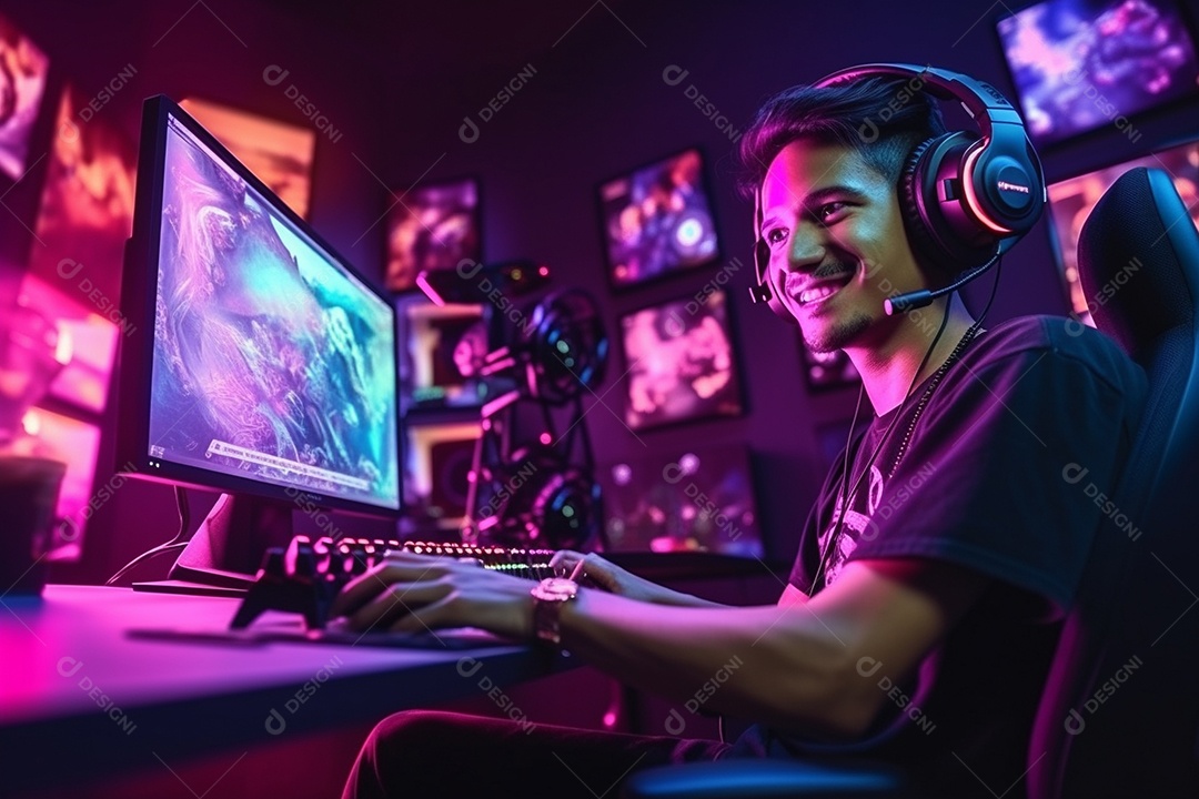 Um jogador bonito jogando em seu console de computador pc