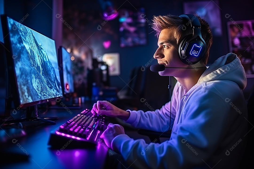 Um jogador bonito jogando em seu console de computador pc