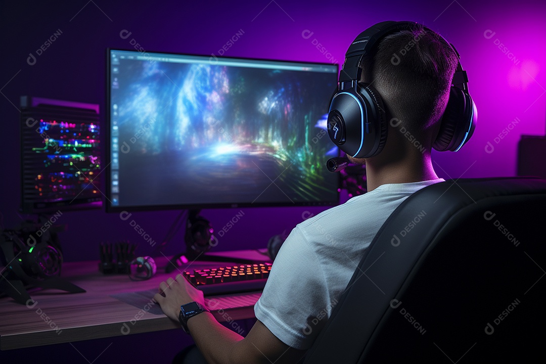 Um jogador bonito jogando em seu console de computador pc