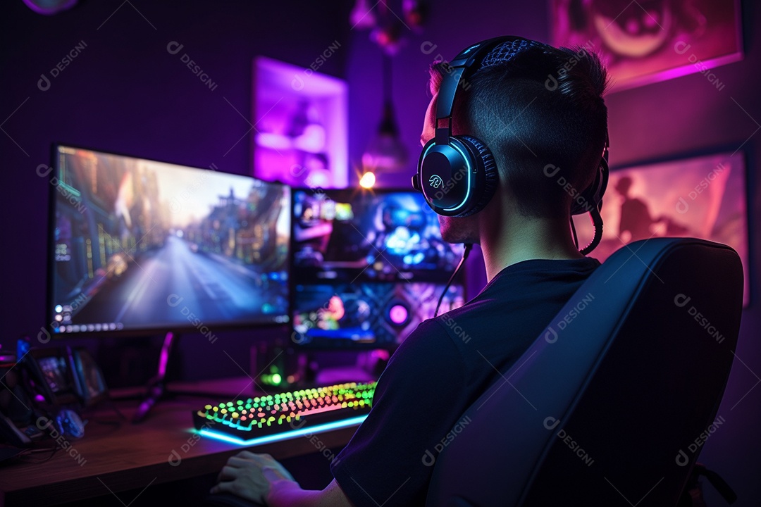 Um jogador bonito jogando em seu console de computador pc