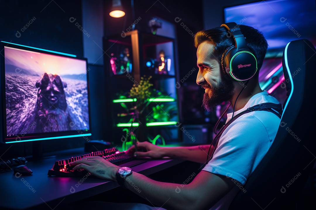 Um jogador bonito jogando em seu console de computador pc