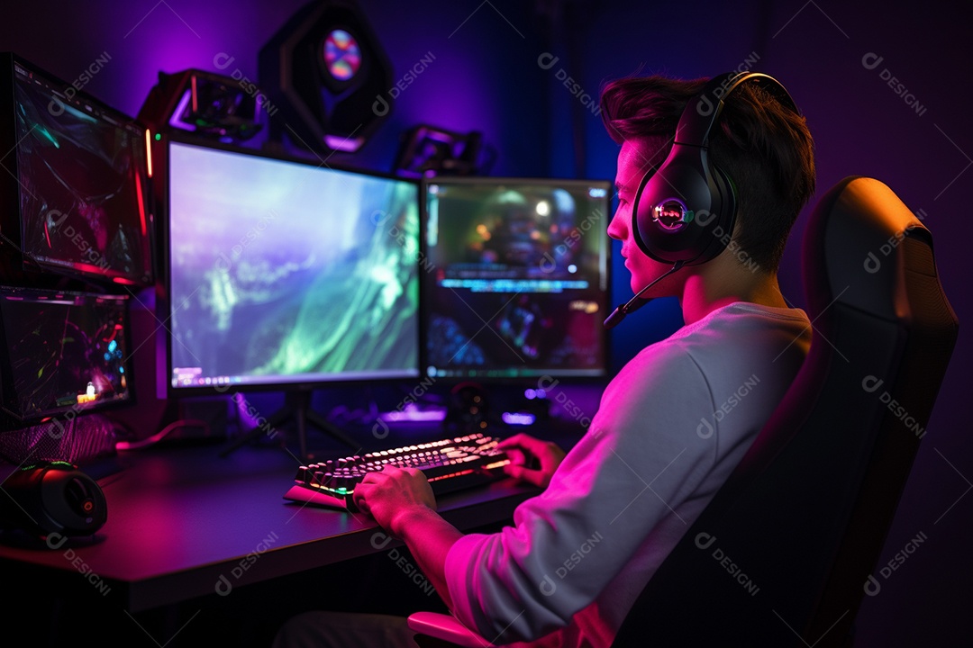 Um jogador bonito jogando em seu console de computador pc