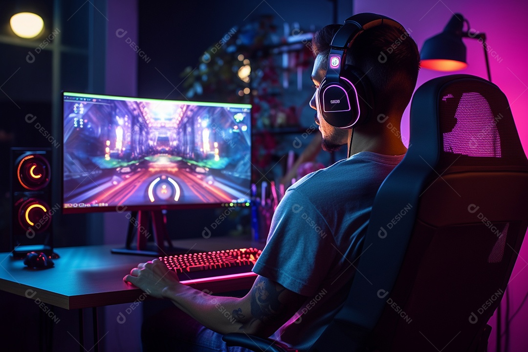 Um jogador bonito jogando em seu console de computador pc