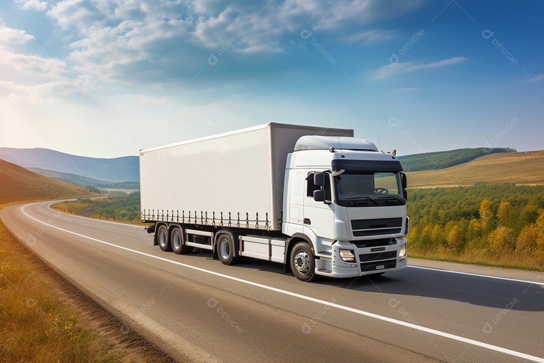 Uma van de carga branca com um trailer vazio em branco