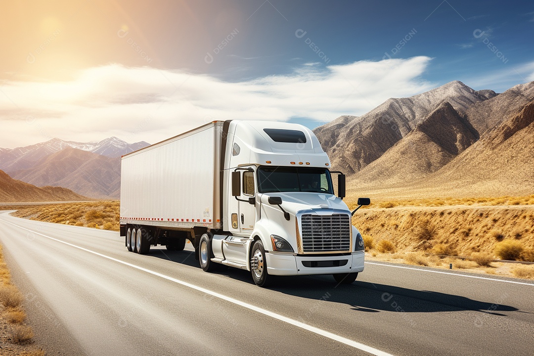 Uma van de carga branca com um trailer vazio em branco