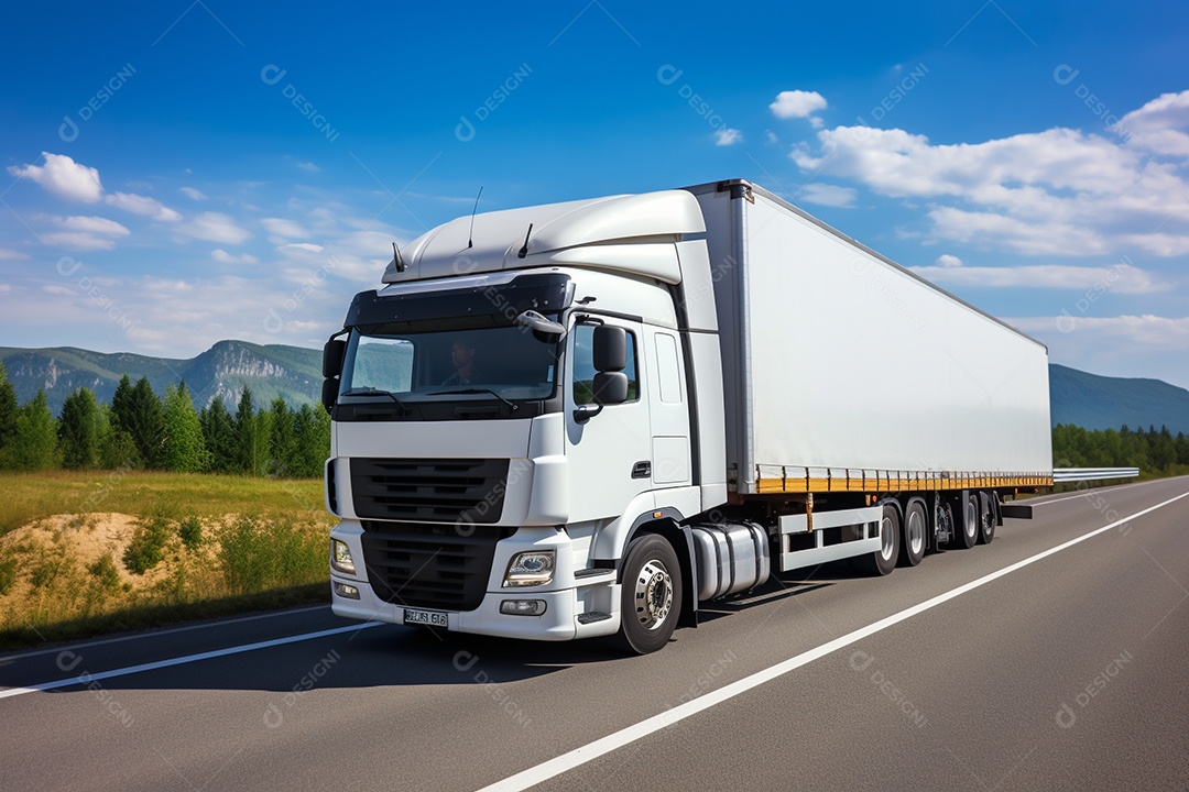 Uma van de carga branca com um trailer vazio em branco