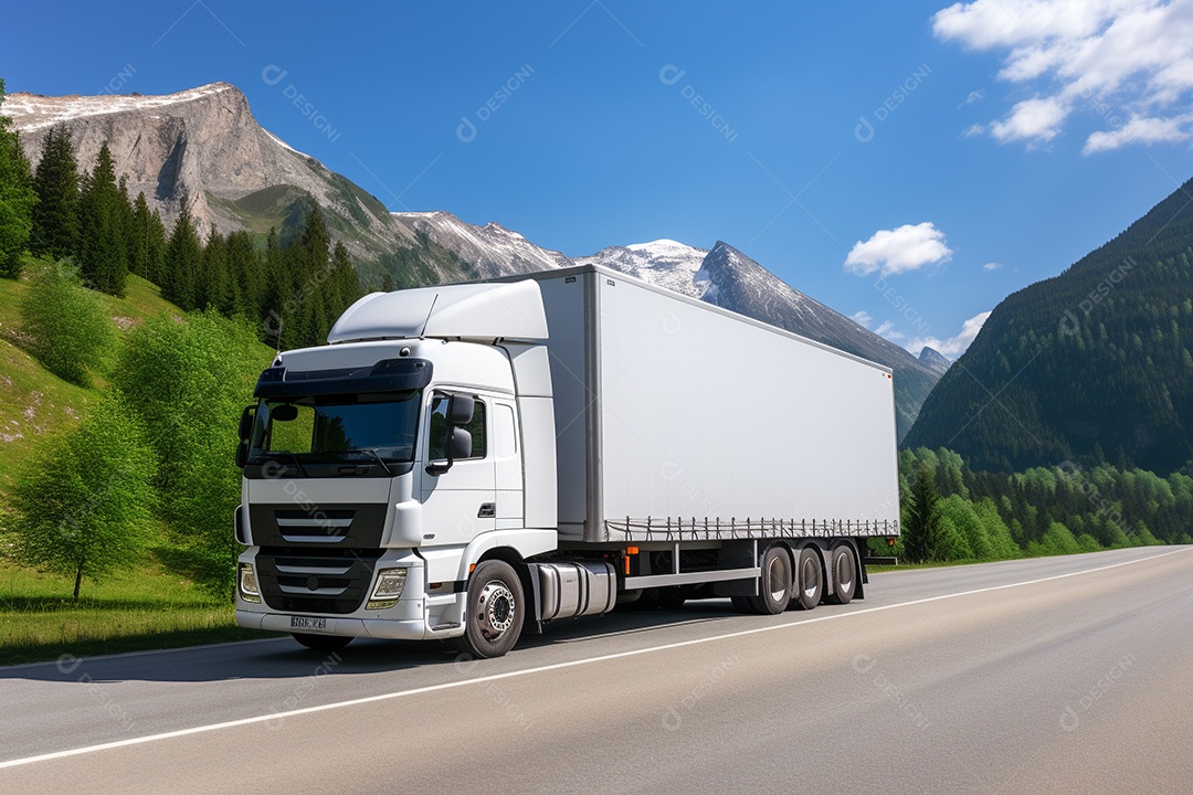 Uma van de carga branca com um trailer vazio em branco